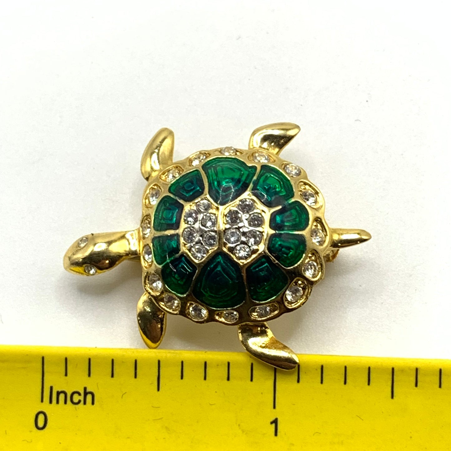 Vintage Jennifer Moore Gold Tone Genuine Crystal & Green Enamel Turtle Brooch