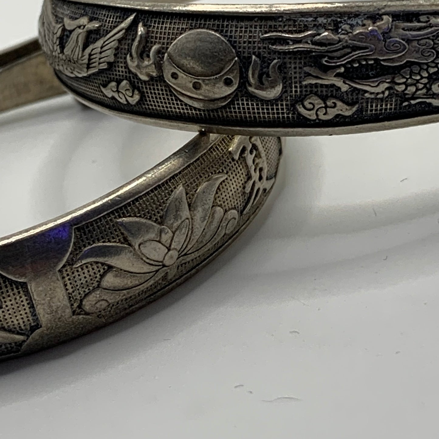 Pair of Silver tone Chinese Dragon & Pheonix Wedding Bracelets - Zu Yin 足银 Mark