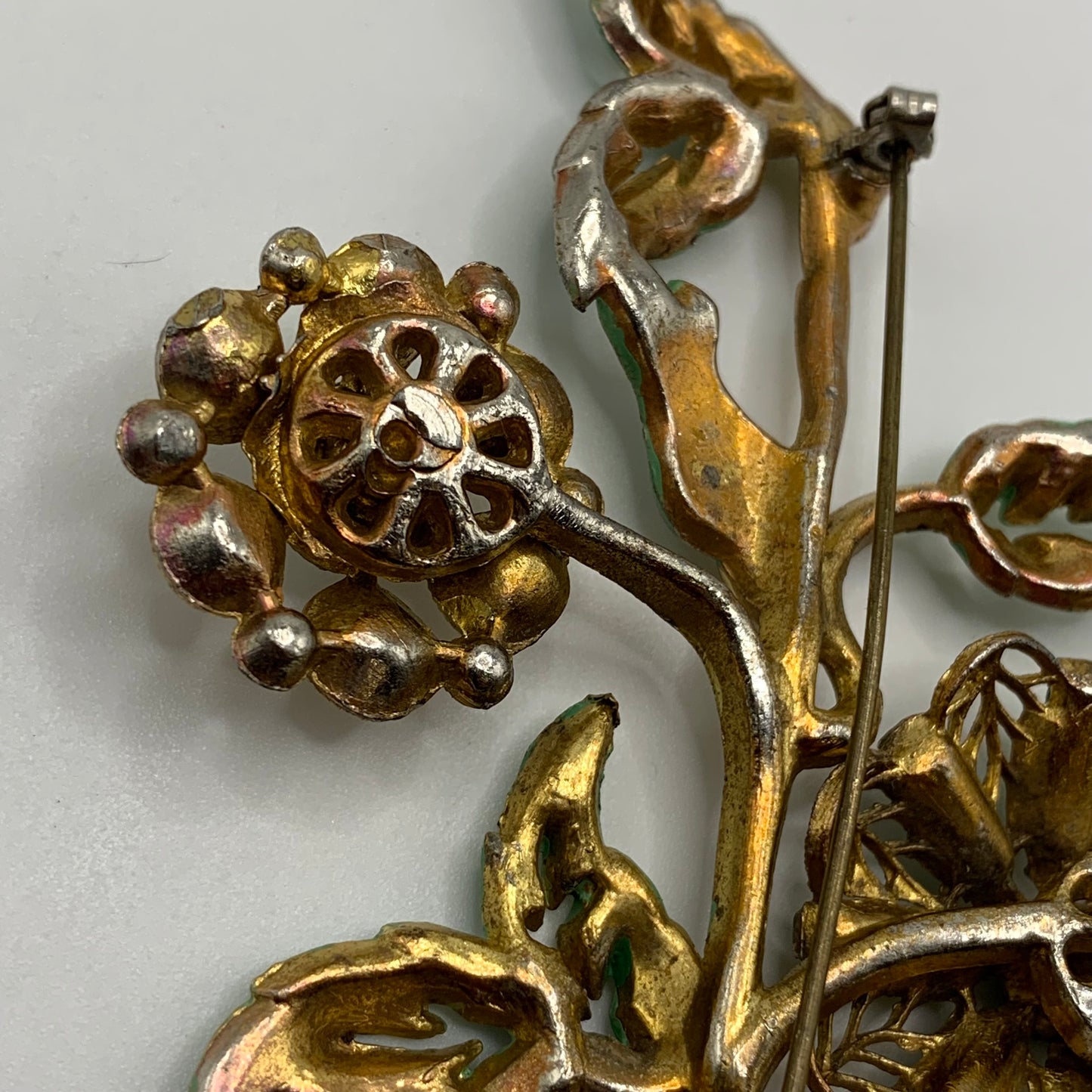 Antique 1920s 30s Pot Metal Gold Wash Green Enamel Green clear Rhinestone Brooch