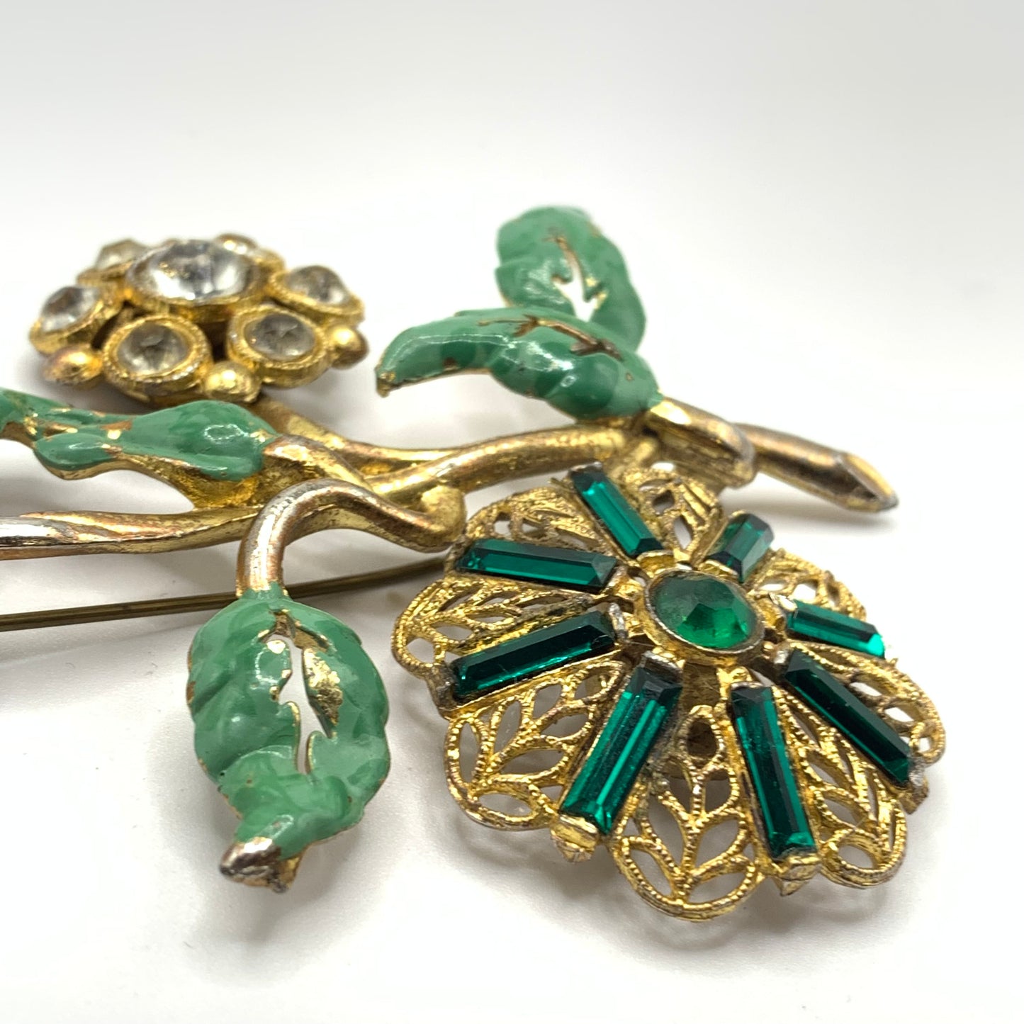 Antique 1920s 30s Pot Metal Gold Wash Green Enamel Green clear Rhinestone Brooch