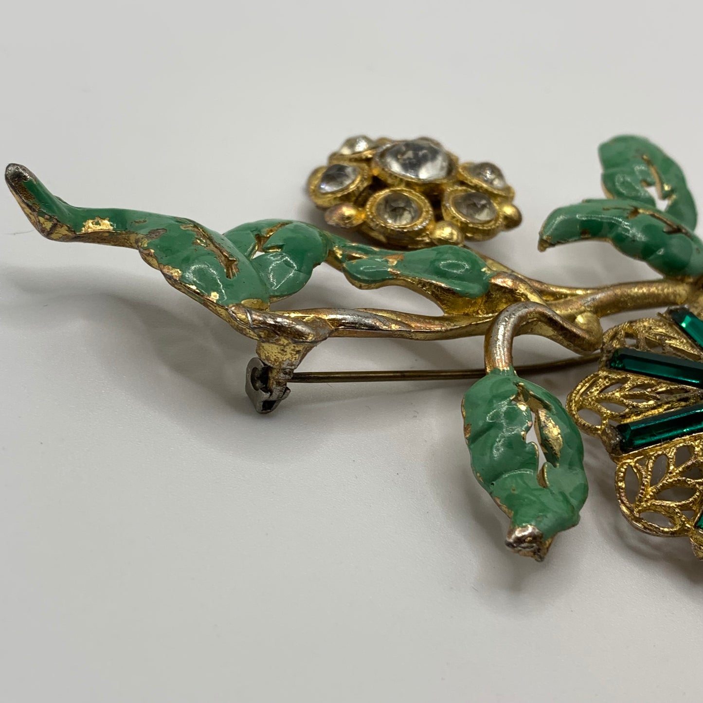 Antique 1920s 30s Pot Metal Gold Wash Green Enamel Green clear Rhinestone Brooch
