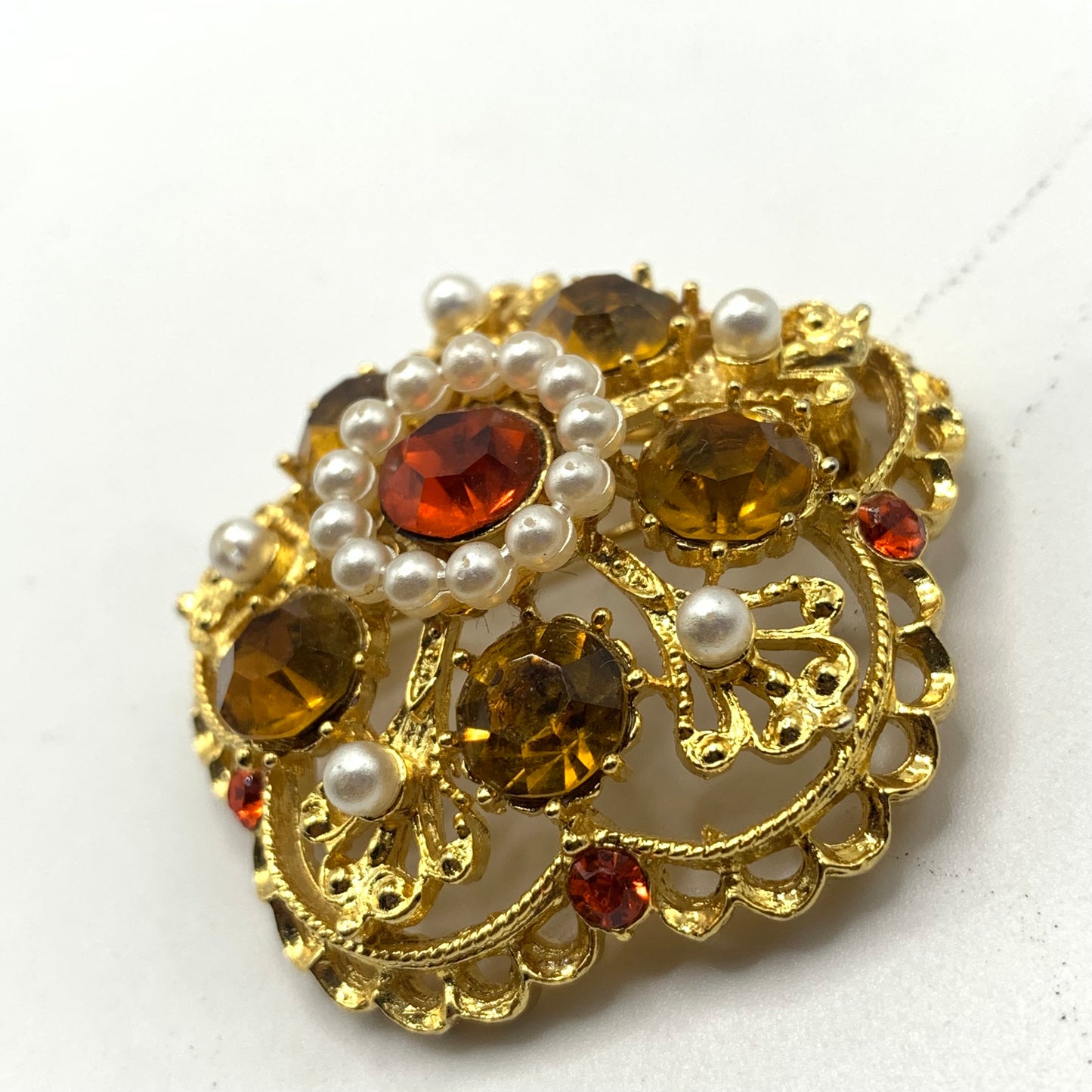 Vintage Signed Weiss Orange Rhinestones Faux Pearl Brooch Pin Gold Tone 1.75"
