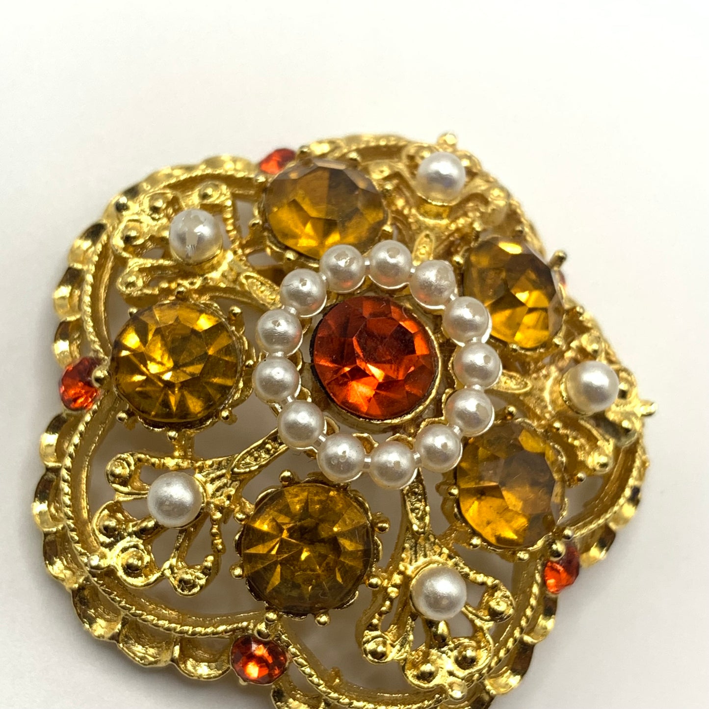 Vintage Signed Weiss Orange Rhinestones Faux Pearl Brooch Pin Gold Tone 1.75"