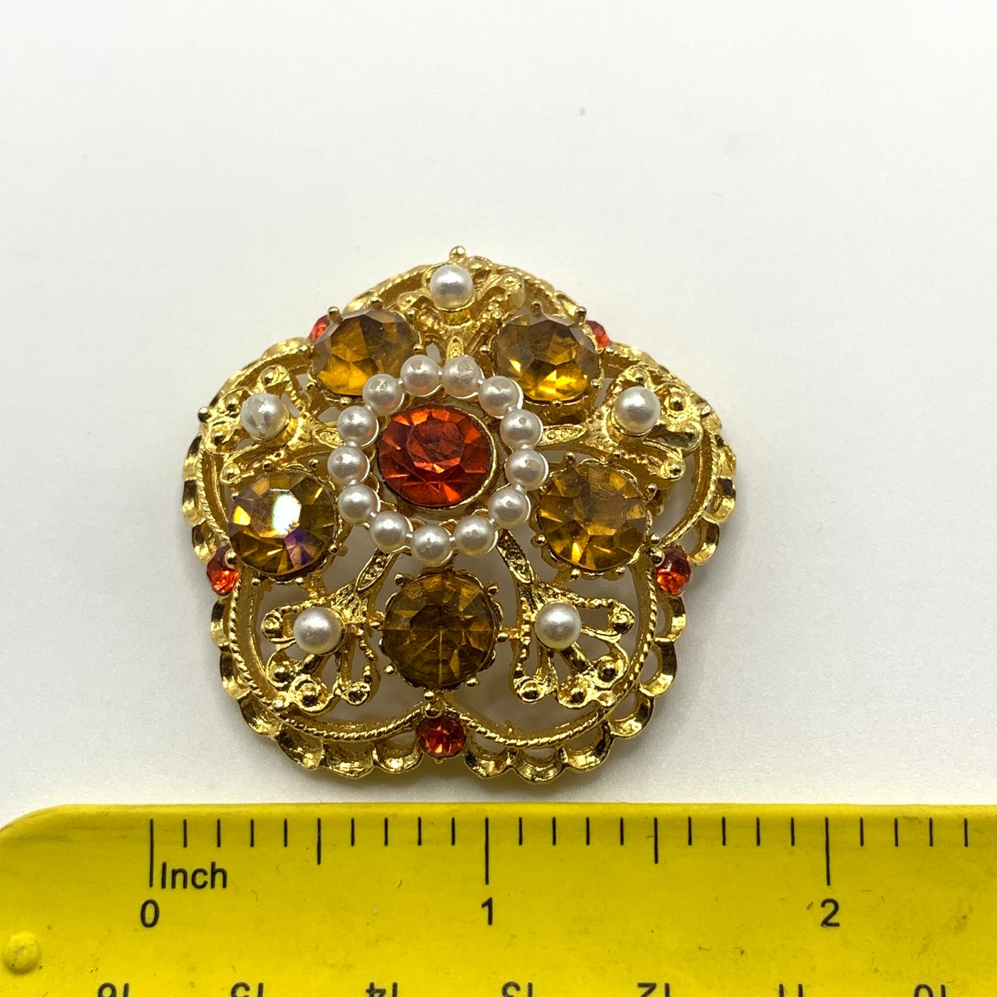 Vintage Signed Weiss Orange Rhinestones Faux Pearl Brooch Pin Gold Tone 1.75"