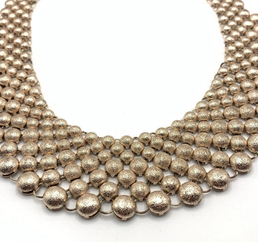 Vintage Natasha Signed Bib Necklace Brushed Gold Tone Ball Link Mesh 18"