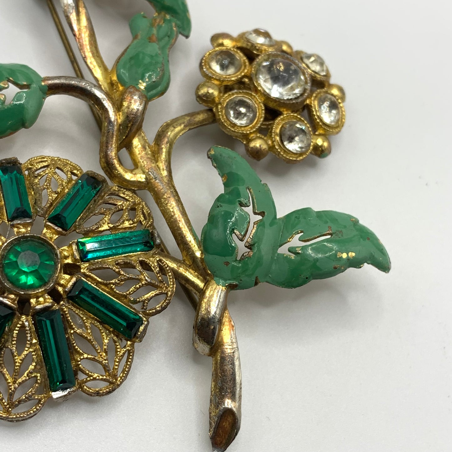 Antique 1920s 30s Pot Metal Gold Wash Green Enamel Green clear Rhinestone Brooch