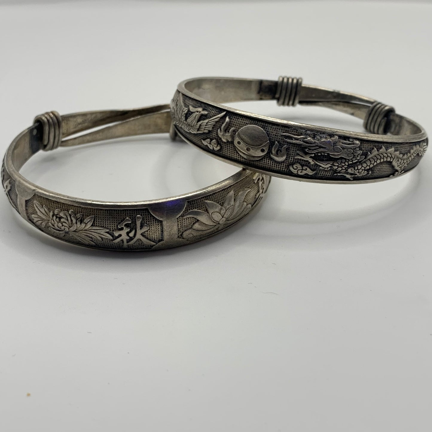 Pair of Silver tone Chinese Dragon & Pheonix Wedding Bracelets - Zu Yin 足银 Mark
