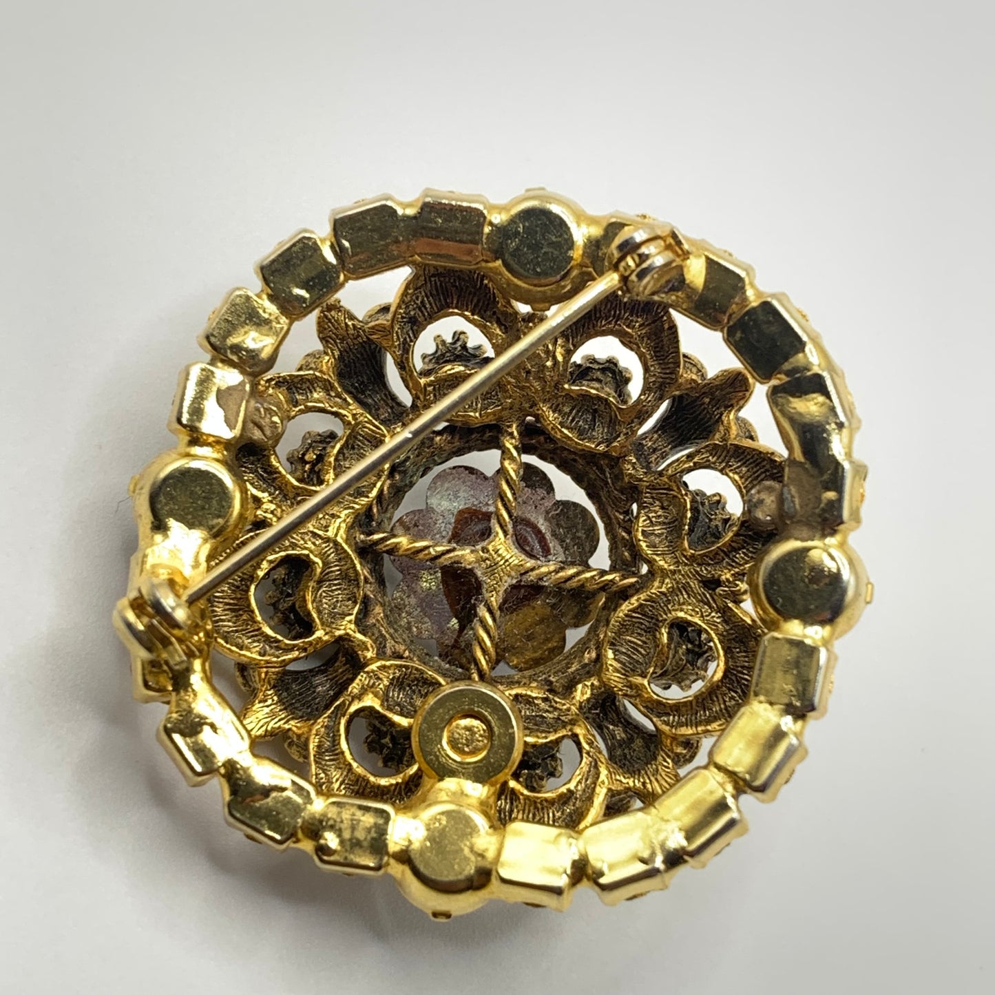 Vintage Margarita Rivoli Brooch Pin Gold Tone Floral Blue Purple Pink Rhinestone