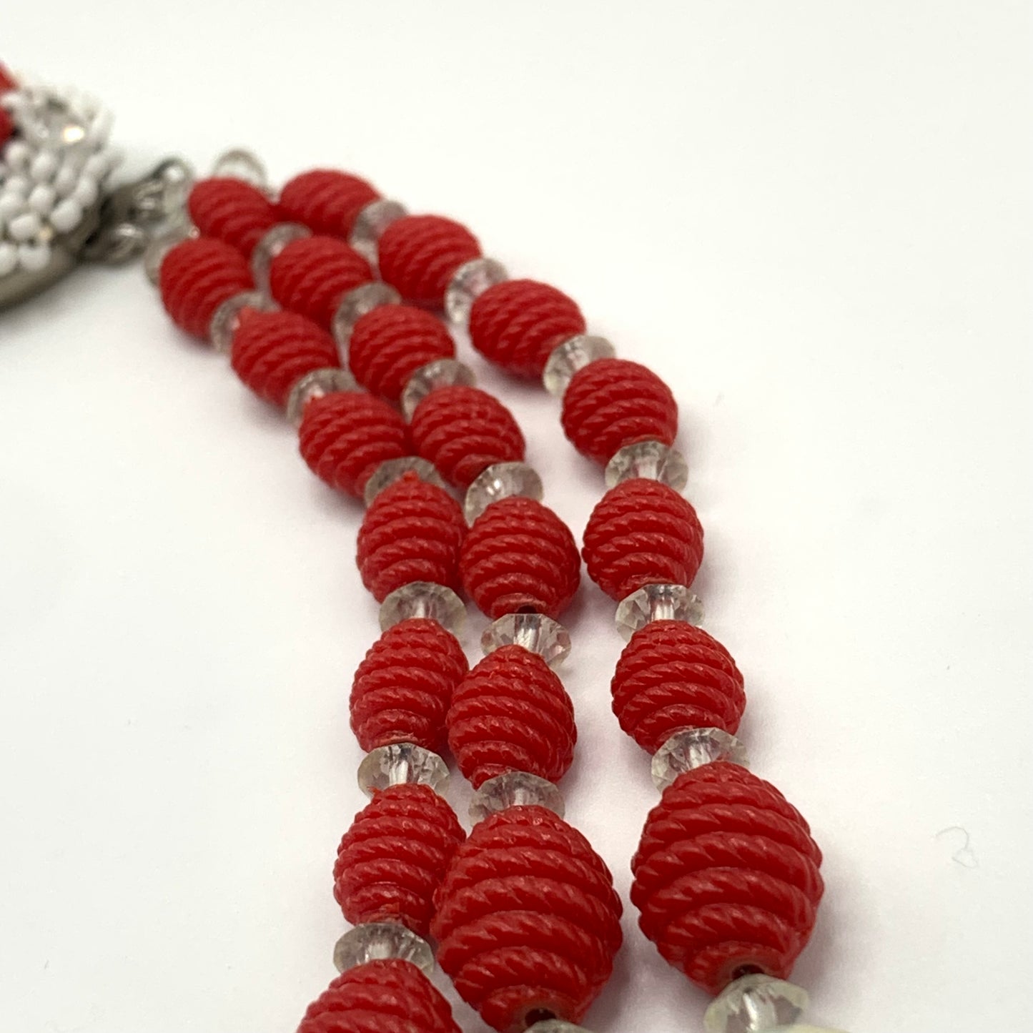 Rare Vintage unsigned Hobé triple strand red & pearlescent beaded necklace