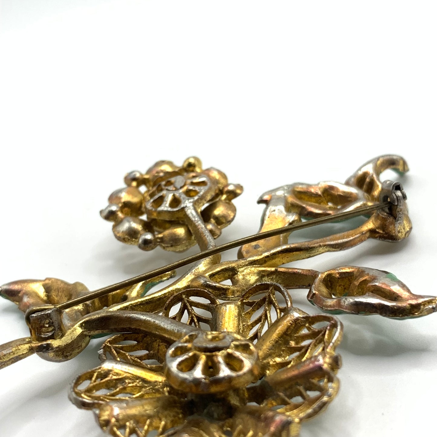 Antique 1920s 30s Pot Metal Gold Wash Green Enamel Green clear Rhinestone Brooch