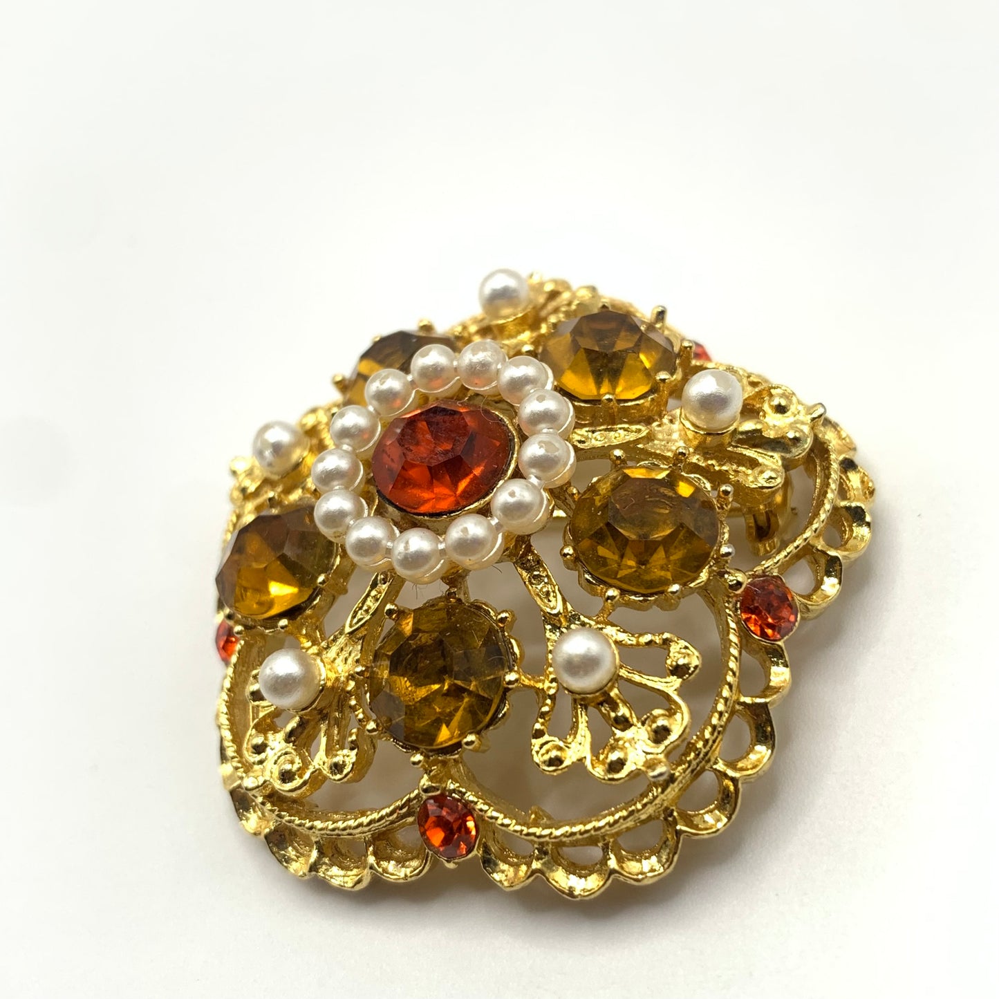 Vintage Signed Weiss Orange Rhinestones Faux Pearl Brooch Pin Gold Tone 1.75"