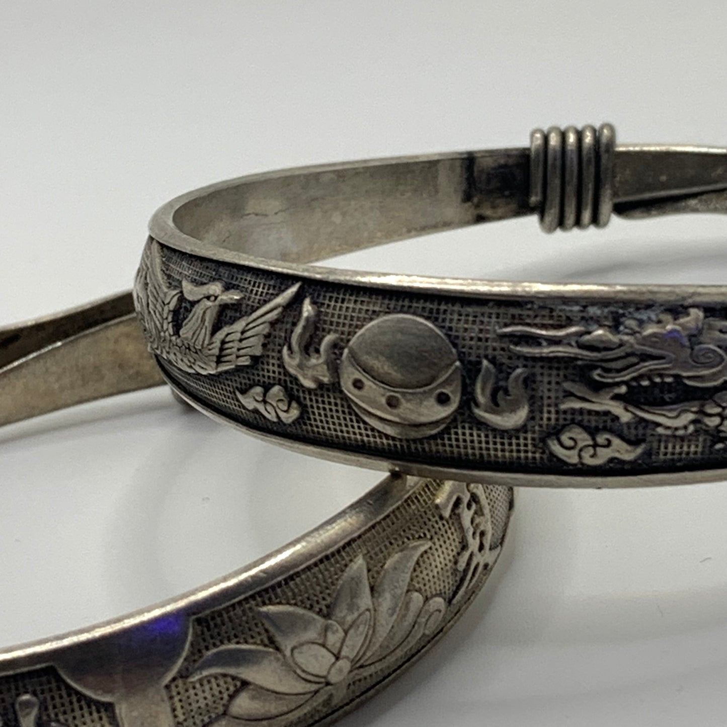 Pair of Silver tone Chinese Dragon & Pheonix Wedding Bracelets - Zu Yin 足银 Mark