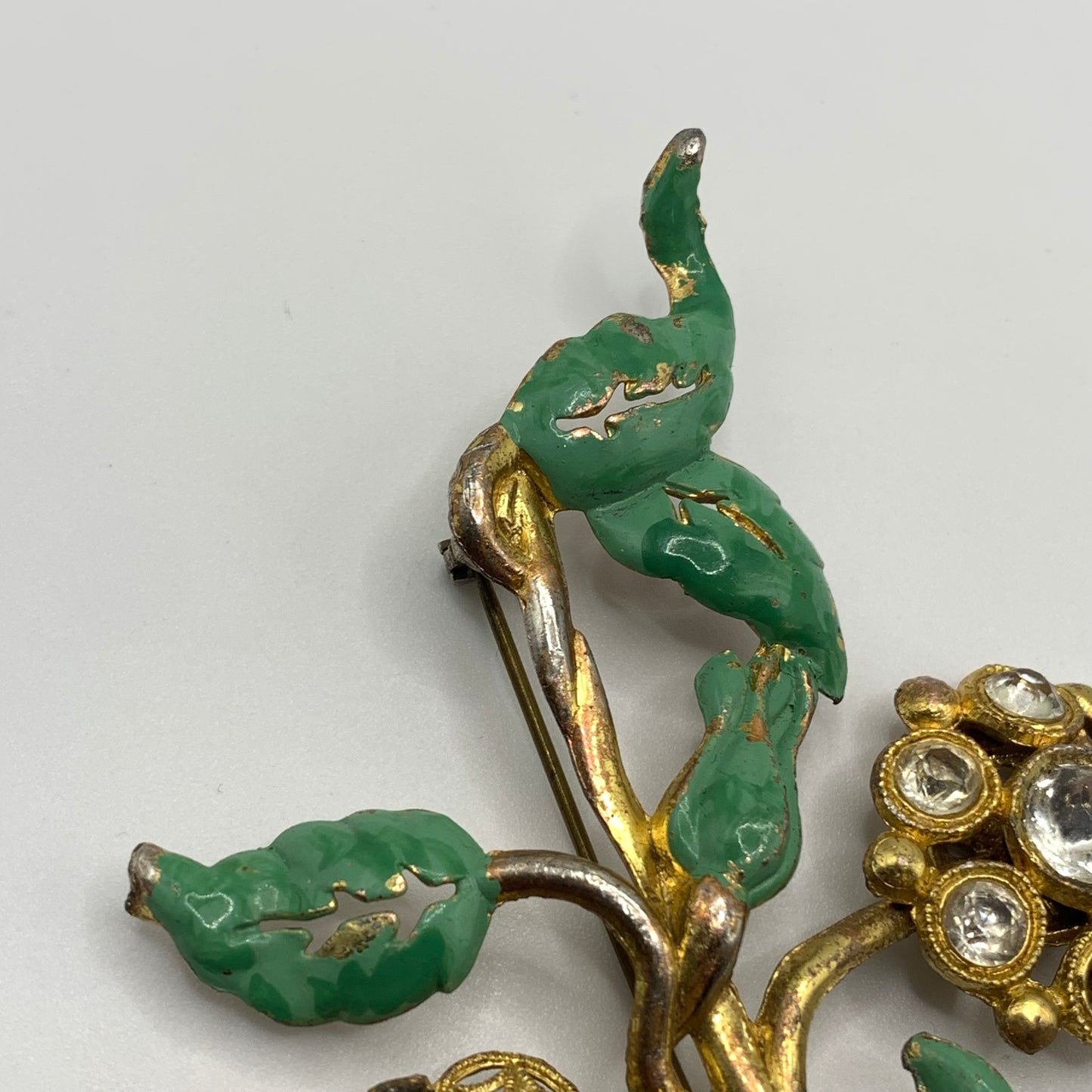 Antique 1920s 30s Pot Metal Gold Wash Green Enamel Green clear Rhinestone Brooch