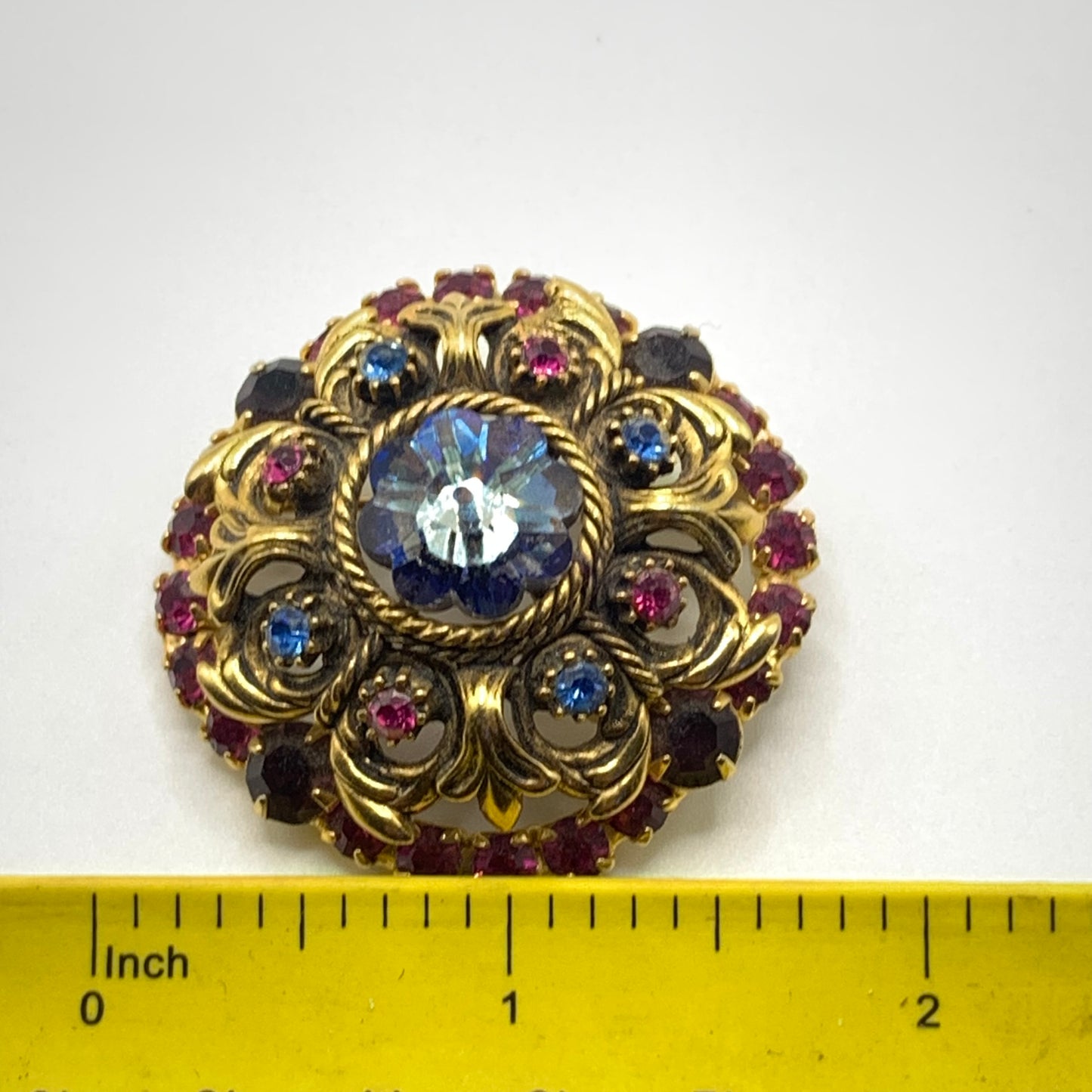 Vintage Margarita Rivoli Brooch Pin Gold Tone Floral Blue Purple Pink Rhinestone
