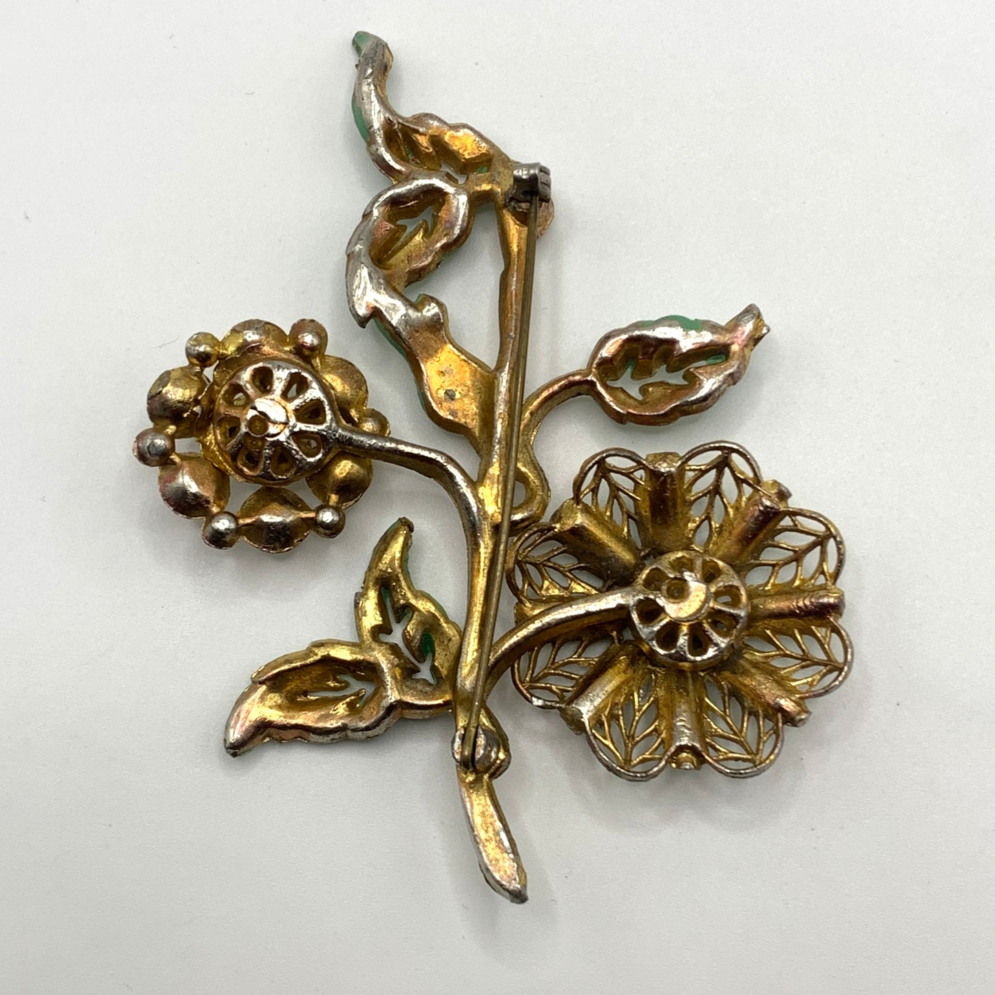 Antique 1920s 30s Pot Metal Gold Wash Green Enamel Green clear Rhinestone Brooch