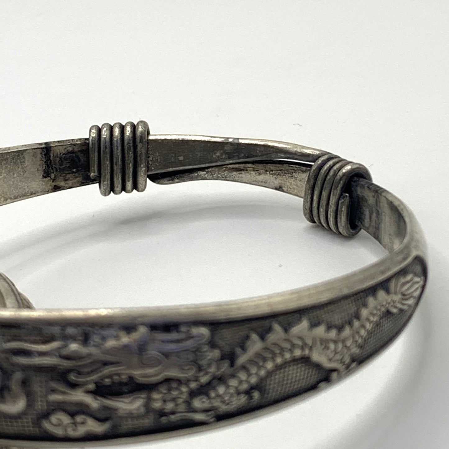 Pair of Silver tone Chinese Dragon & Pheonix Wedding Bracelets - Zu Yin 足银 Mark