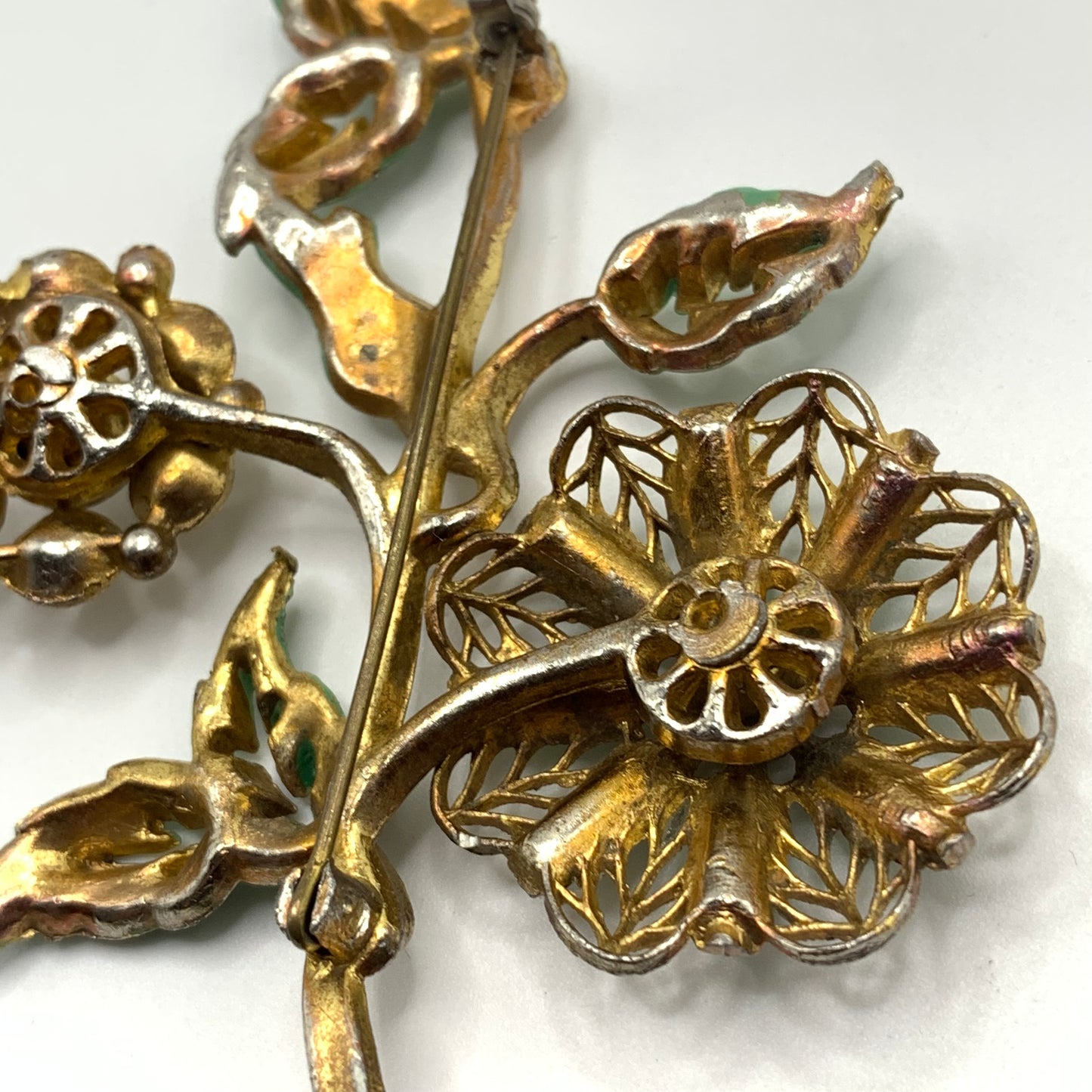 Antique 1920s 30s Pot Metal Gold Wash Green Enamel Green clear Rhinestone Brooch