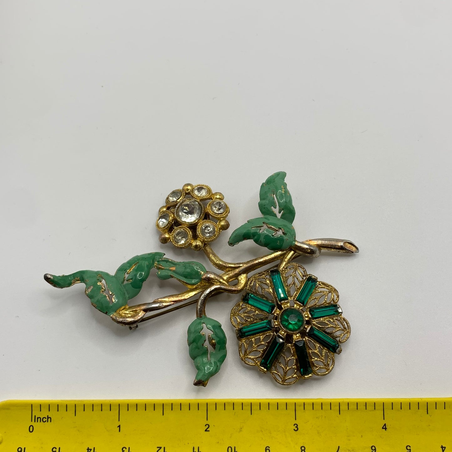 Antique 1920s 30s Pot Metal Gold Wash Green Enamel Green clear Rhinestone Brooch