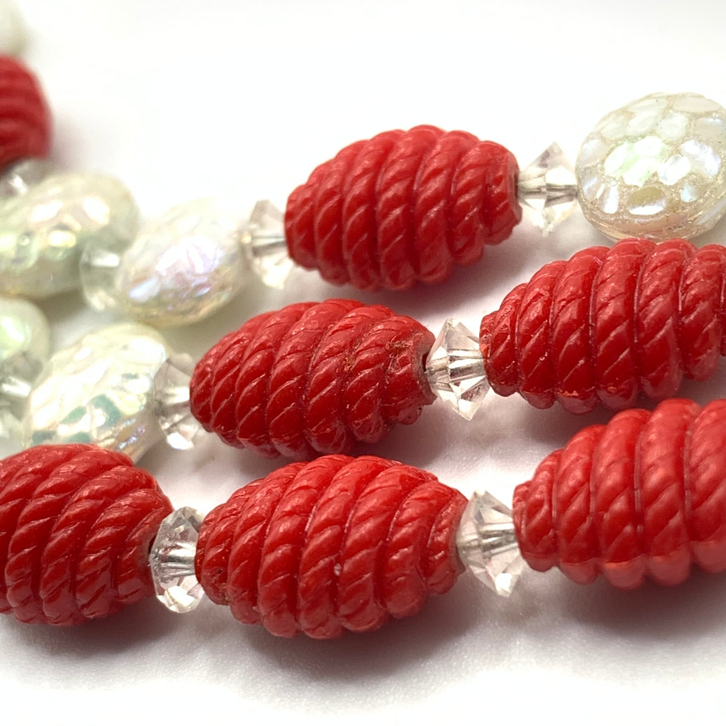 Rare Vintage unsigned Hobé triple strand red & pearlescent beaded necklace