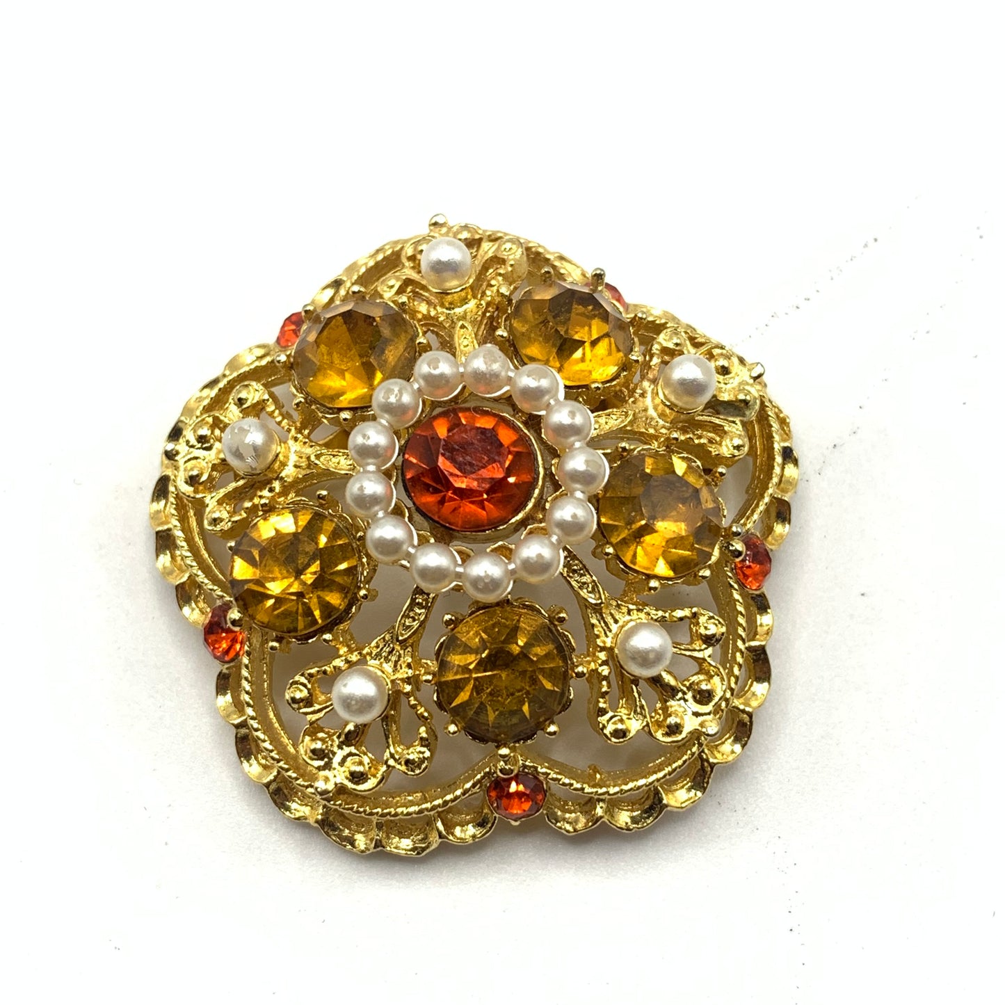 Vintage Signed Weiss Orange Rhinestones Faux Pearl Brooch Pin Gold Tone 1.75"