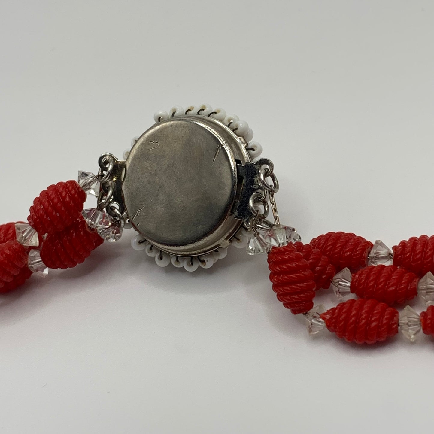 Rare Vintage unsigned Hobé triple strand red & pearlescent beaded necklace