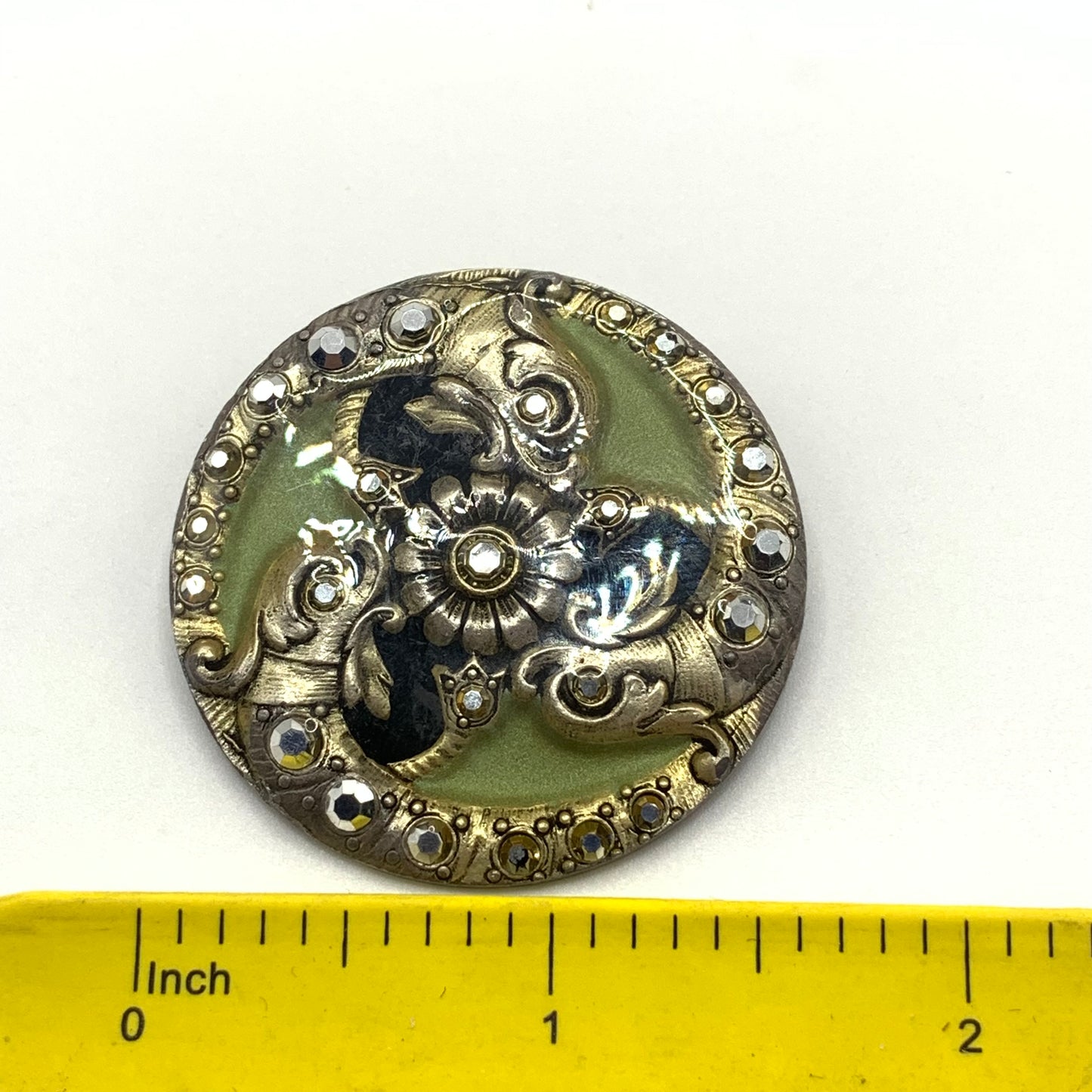 Vintage Catherine Popesco France Green Enamel Hematite Rhinestone Brooch