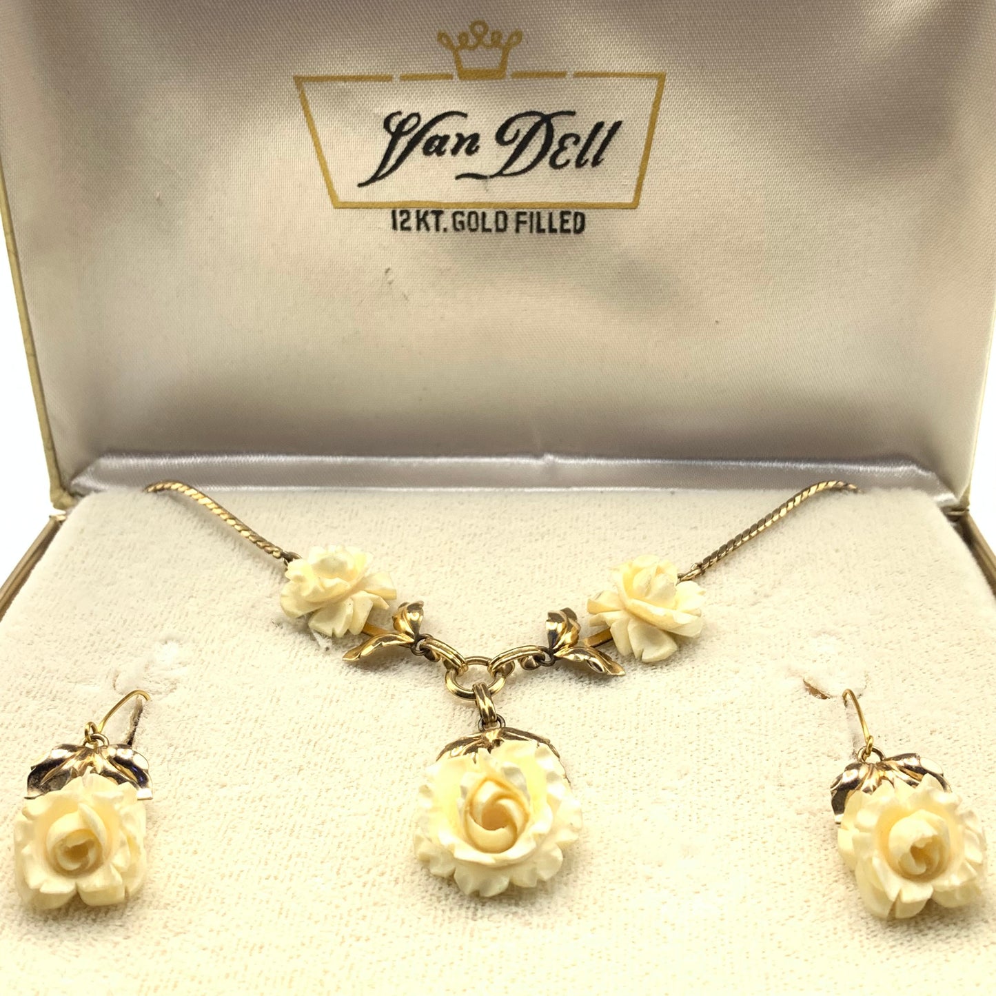 Van Dell 12 kt gold filled carved rose necklace & pierced earrings set