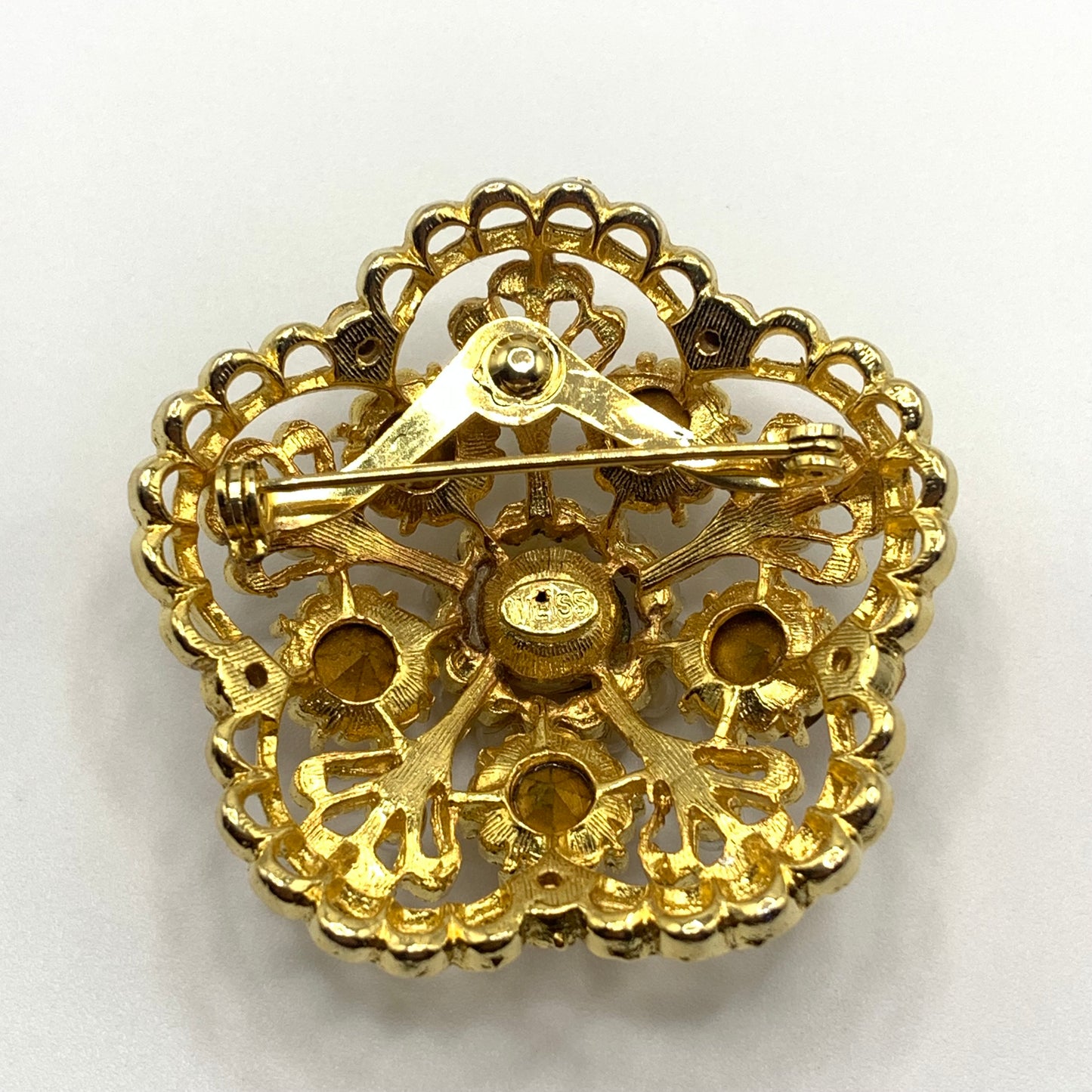 Vintage Signed Weiss Orange Rhinestones Faux Pearl Brooch Pin Gold Tone 1.75"