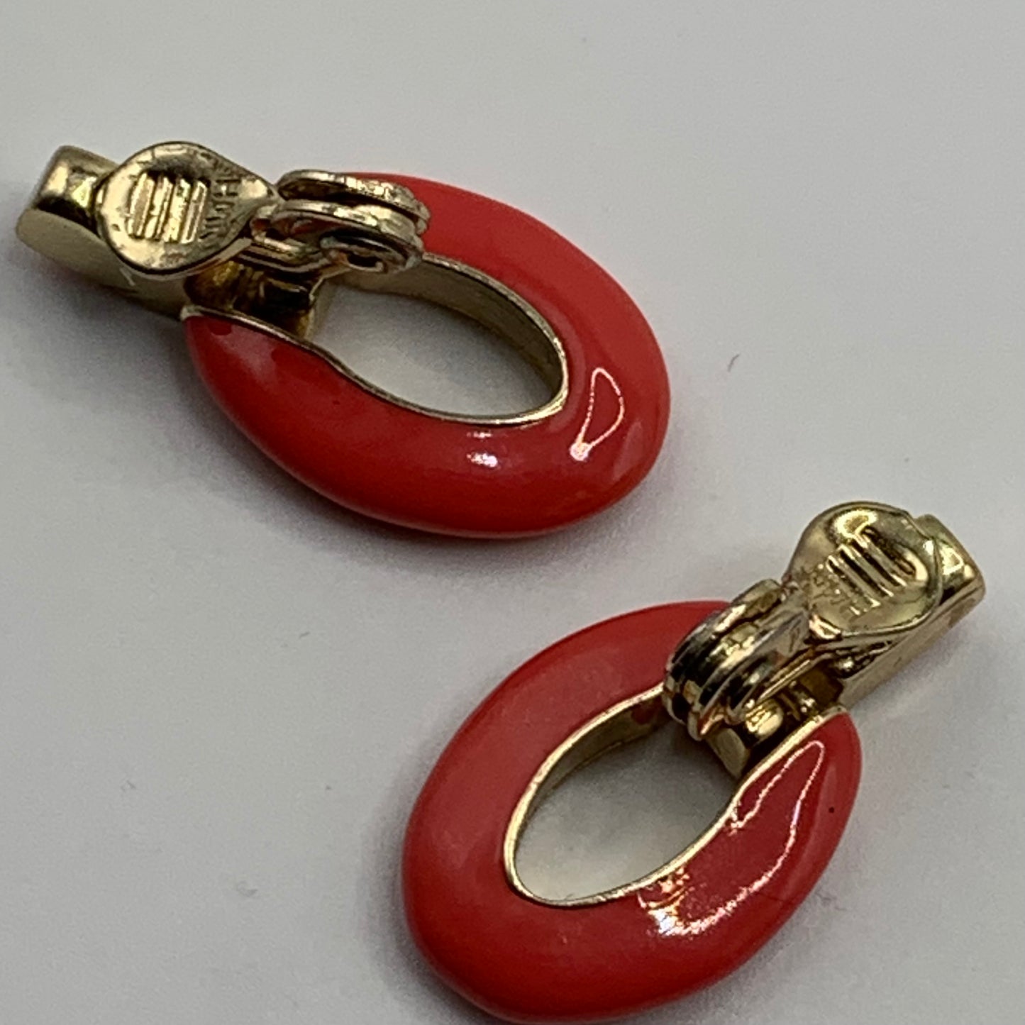 Vintage signed Monet pink enamel door knocker clip on earrings