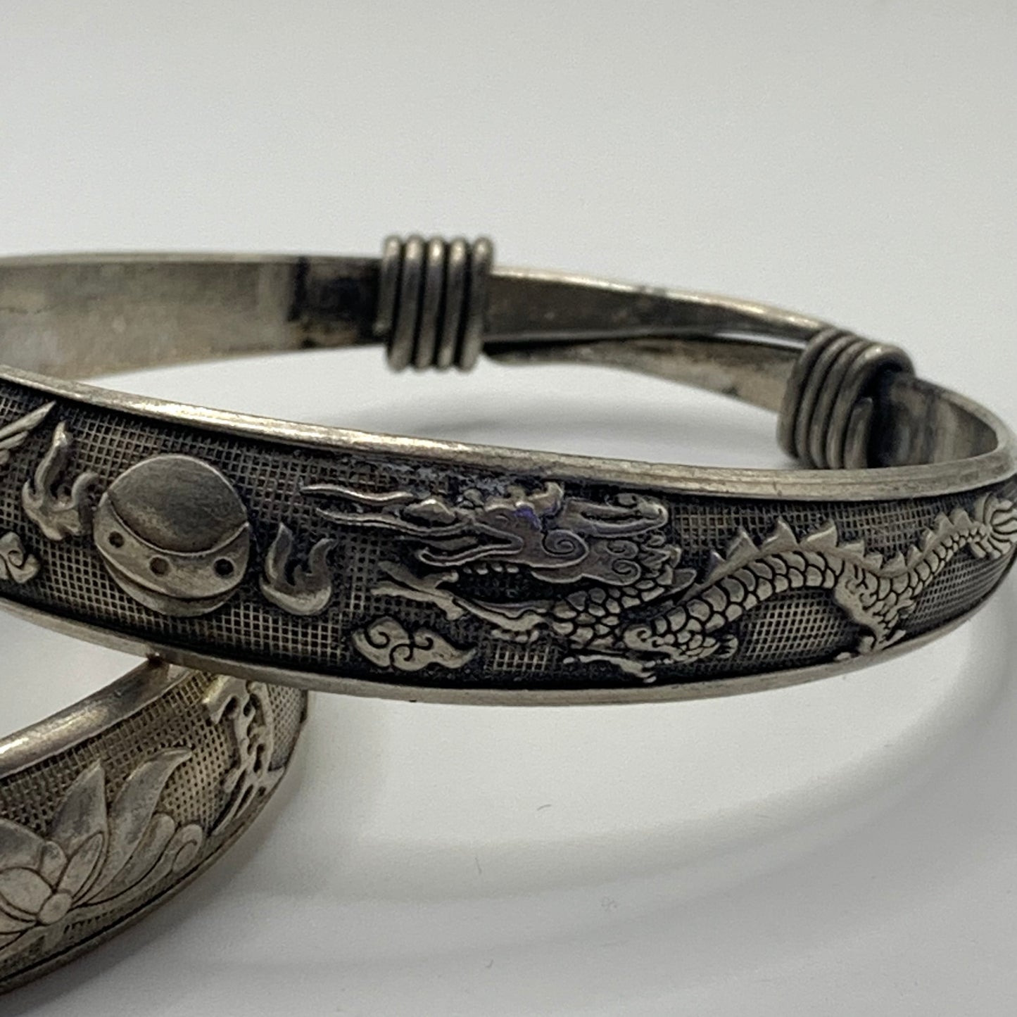 Pair of Silver tone Chinese Dragon & Pheonix Wedding Bracelets - Zu Yin 足银 Mark