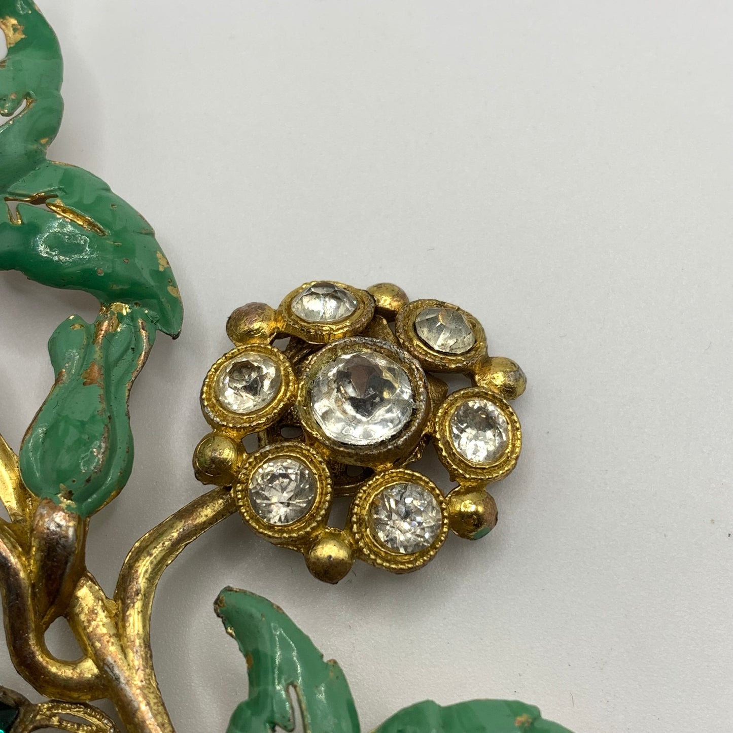 Antique 1920s 30s Pot Metal Gold Wash Green Enamel Green clear Rhinestone Brooch