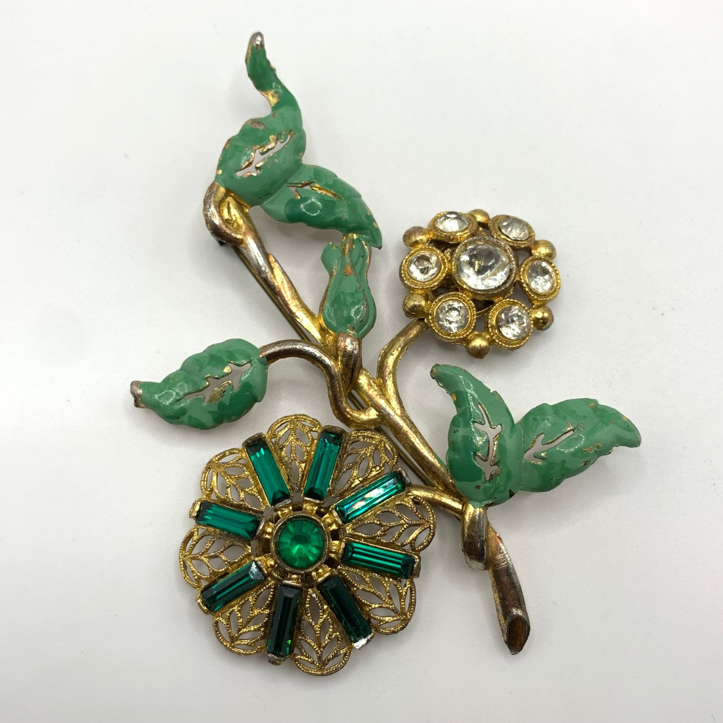 Antique 1920s 30s Pot Metal Gold Wash Green Enamel Green clear Rhinestone Brooch