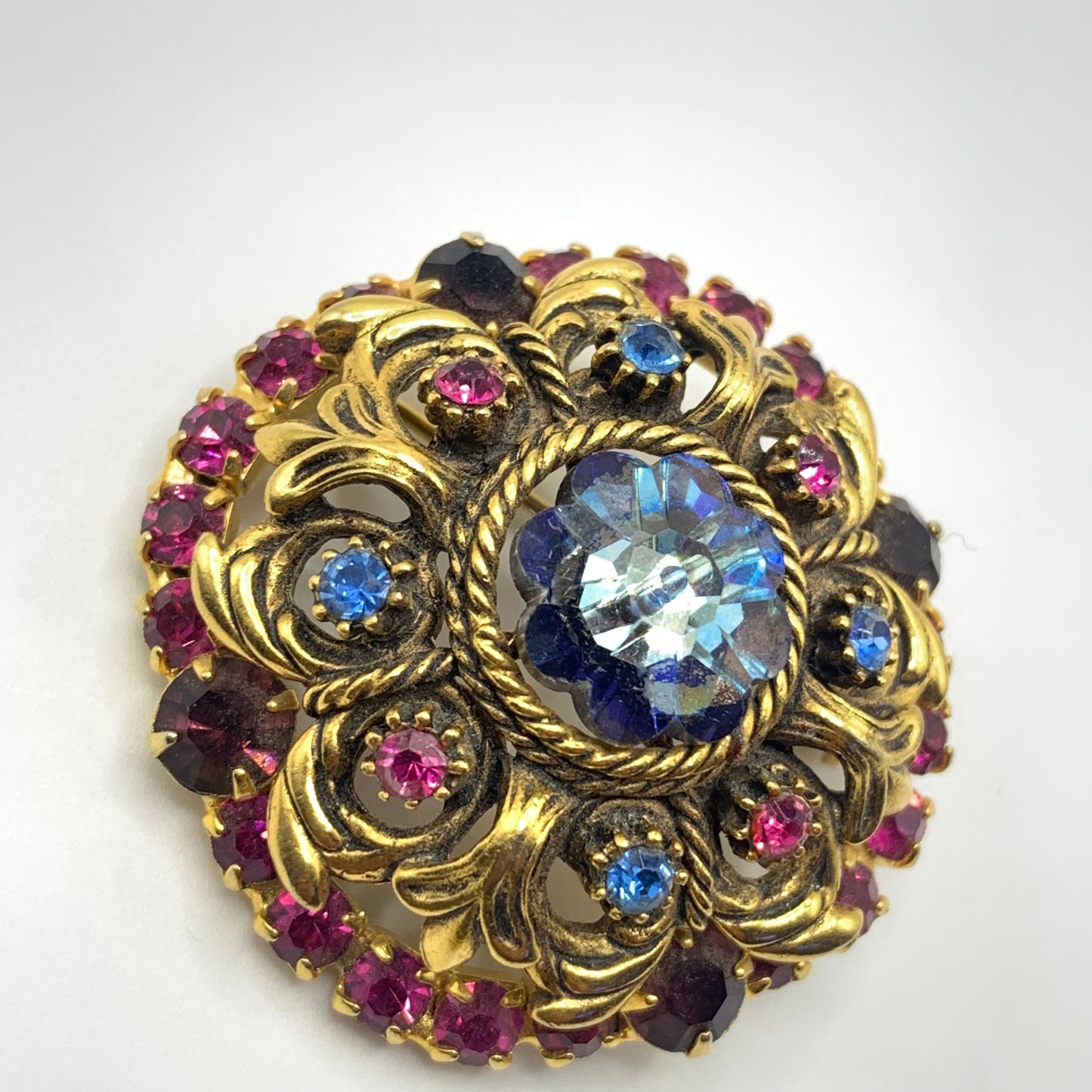 Vintage Margarita Rivoli Brooch Pin Gold Tone Floral Blue Purple Pink Rhinestone
