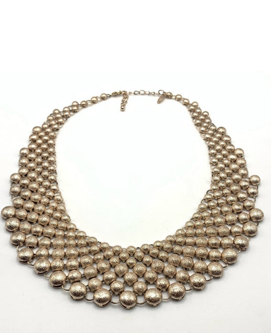 Vintage Natasha Signed Bib Necklace Brushed Gold Tone Ball Link Mesh 18"