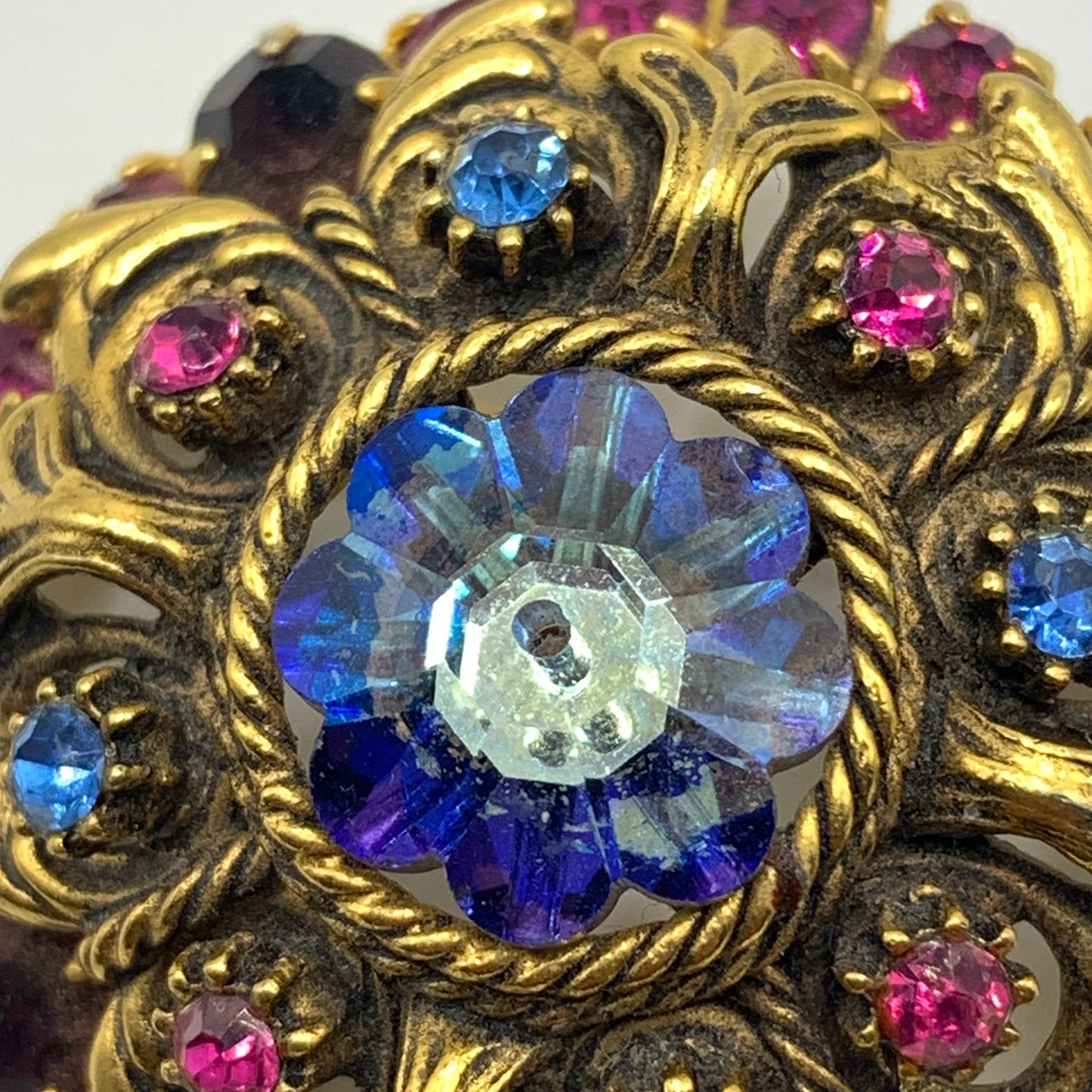 Vintage Margarita Rivoli Brooch Pin Gold Tone Floral Blue Purple Pink Rhinestone