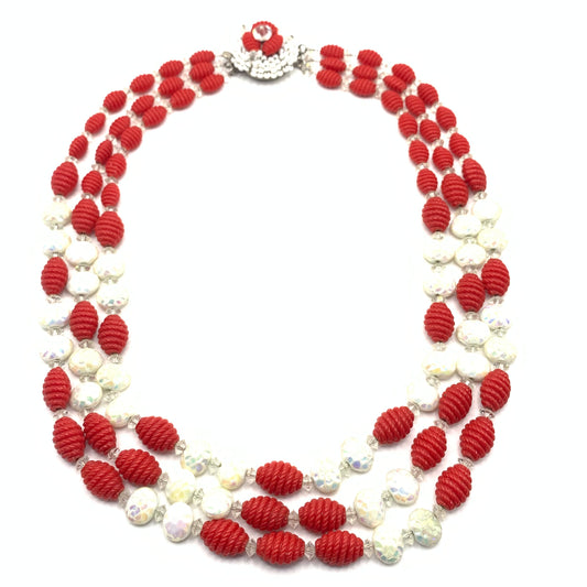 Rare Vintage unsigned Hobé triple strand red & pearlescent beaded necklace