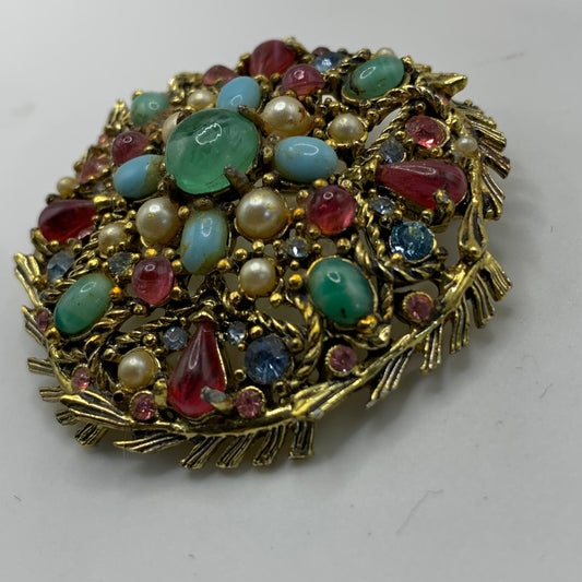 Hollycraft Signed Vintage Multicolor Gripoix Glass Faux Pearl Brooch