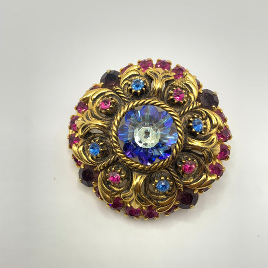 Vintage Margarita Rivoli Brooch Pin Gold Tone Floral Blue Purple Pink Rhinestone
