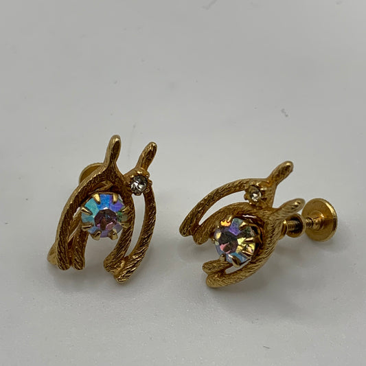Vintage unsigned Textured gold tone double wishbone AB rhinestone screw back earrings