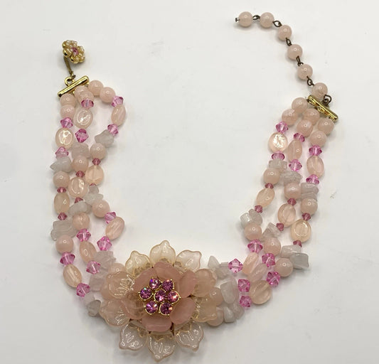 Vintage Unsigned Vendome Rare Pink Flower Haskellique Style 15 Inch  Necklace