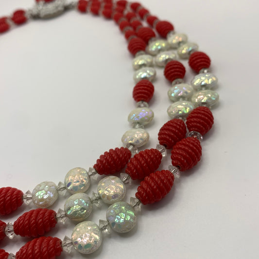 Rare Vintage unsigned Hobé triple strand red & pearlescent beaded necklace