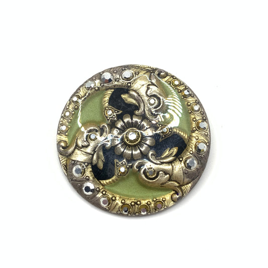 Vintage Catherine Popesco France Green Enamel Hematite Rhinestone Brooch