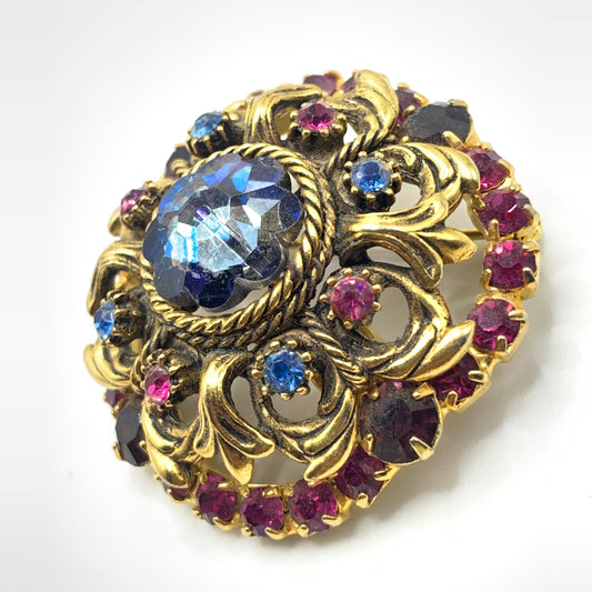 Vintage Margarita Rivoli Brooch Pin Gold Tone Floral Blue Purple Pink Rhinestone