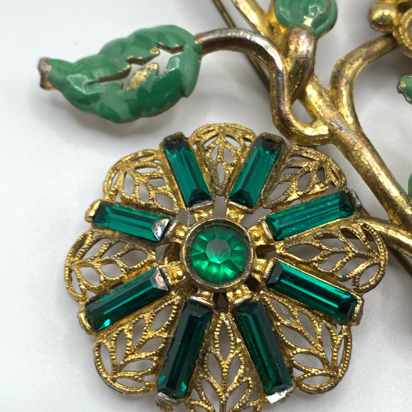 Antique 1920s 30s Pot Metal Gold Wash Green Enamel Green clear Rhinestone Brooch
