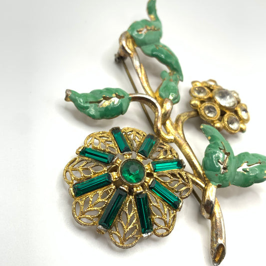 Antique 1920s 30s Pot Metal Gold Wash Green Enamel Green clear Rhinestone Brooch