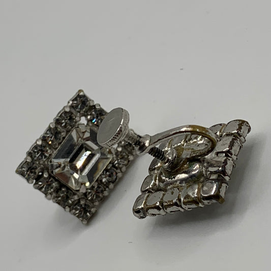 Vintage unsigned chromium plated clear rhinestone screw back earrings