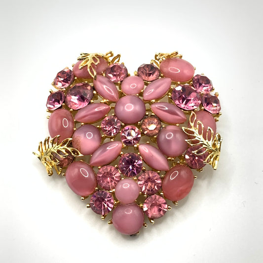 Stunning vintage Pink art glass rhinestone and Gold tone filigree Heart Brooch