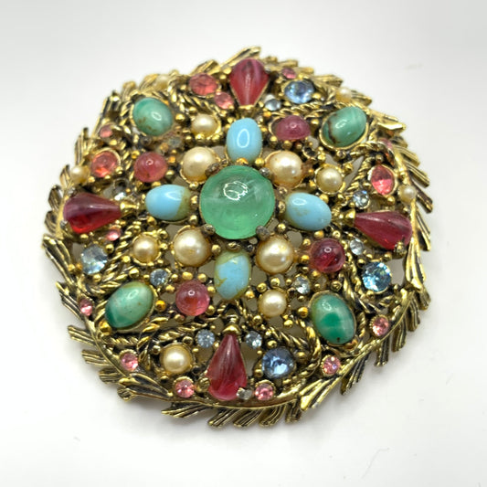 Hollycraft Signed Vintage Multicolor Gripoix Glass Faux Pearl Brooch