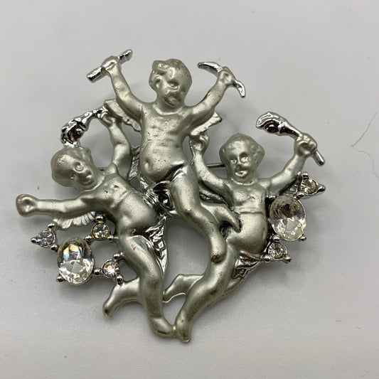 Vintage Cupid angel shaped silver tone brooch