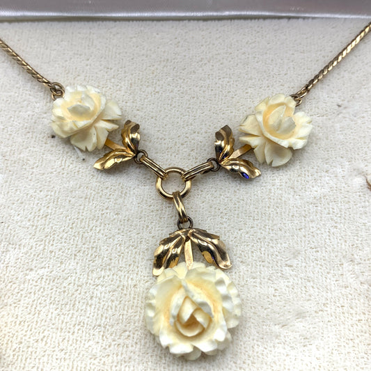 Van Dell 12 kt gold filled carved rose necklace & pierced earrings set